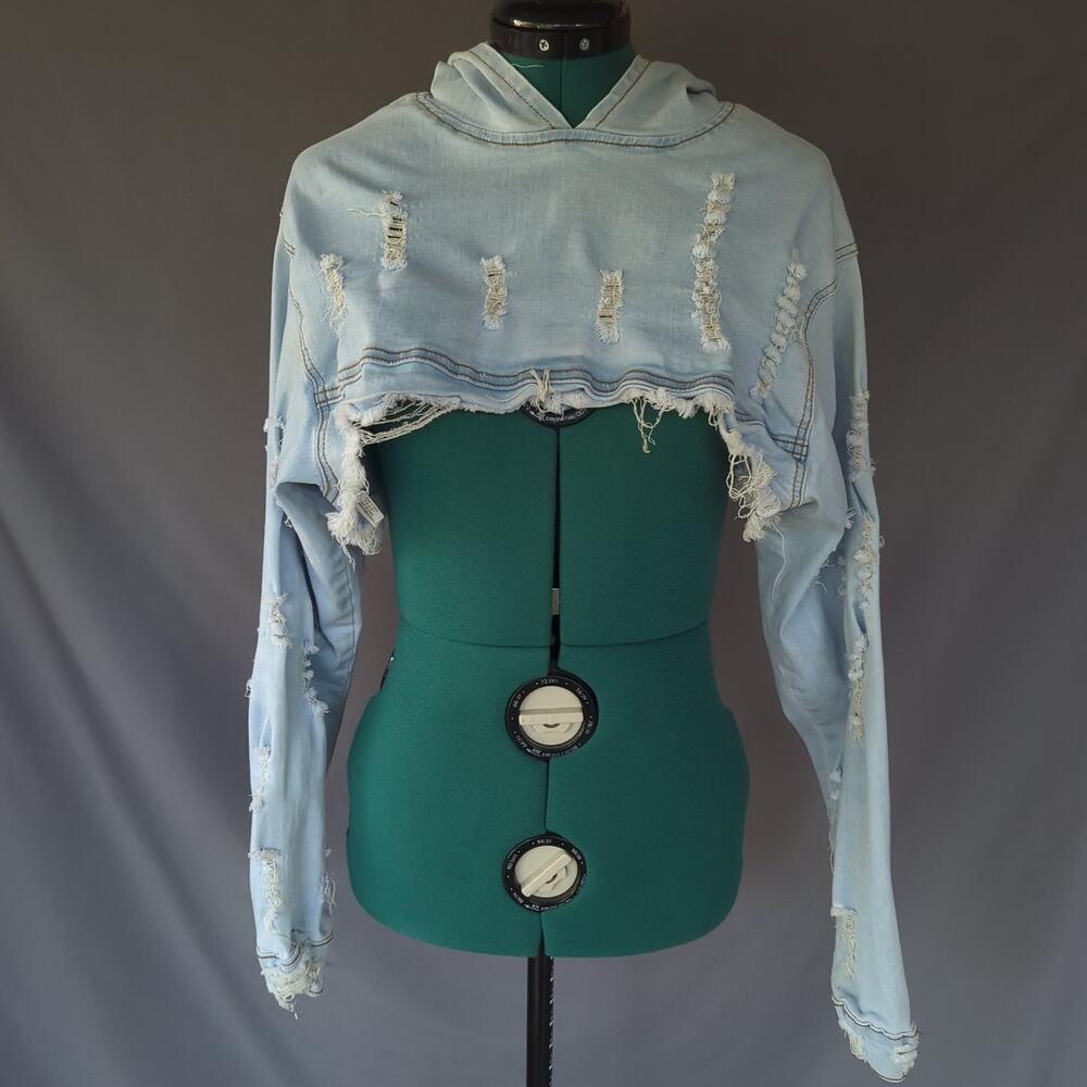 Roma Studio Distressed Cropped Denim Hoodie 1X Y2K Grunge Streetwear Festival